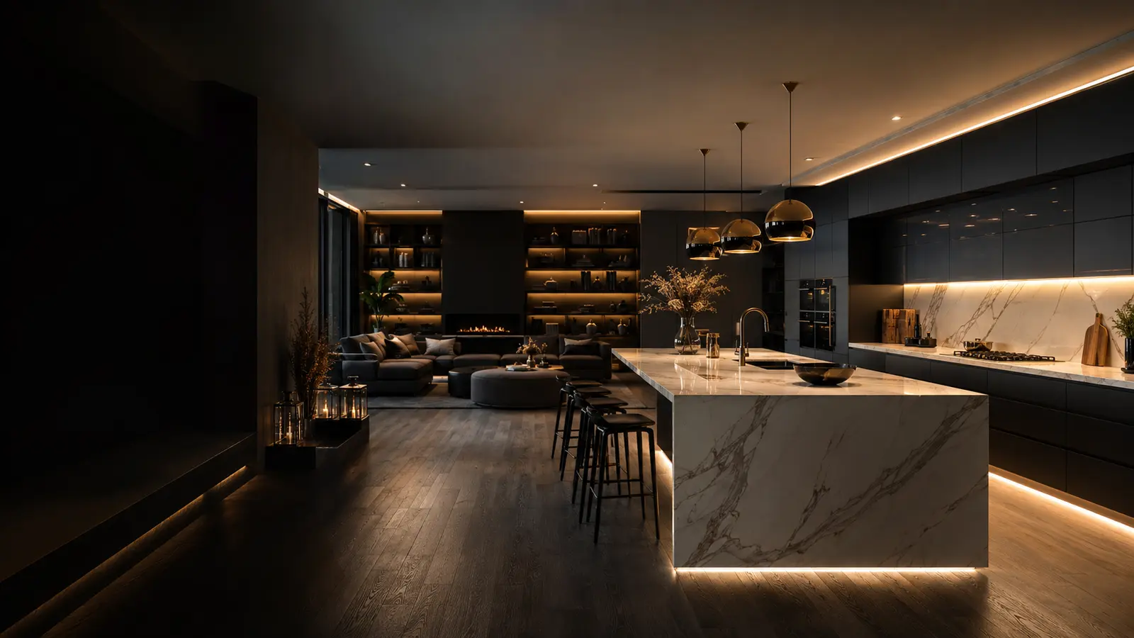 Cuisine et salon contemporains rénovés dans une ambiance sombre et dorée